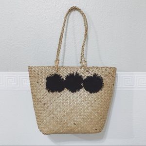 Large Straw Beach Tote with Pom Poms